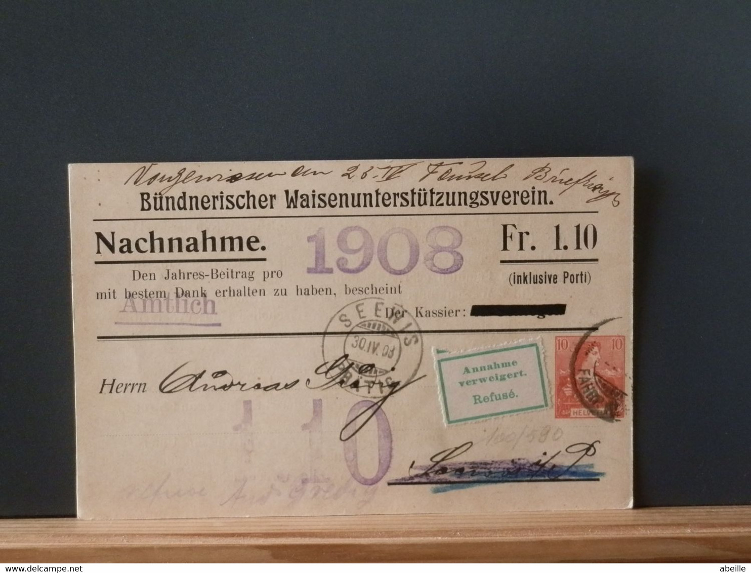 100/590  CP SUISSE 1908 NACHNAHME REFUSE - Entiers Postaux