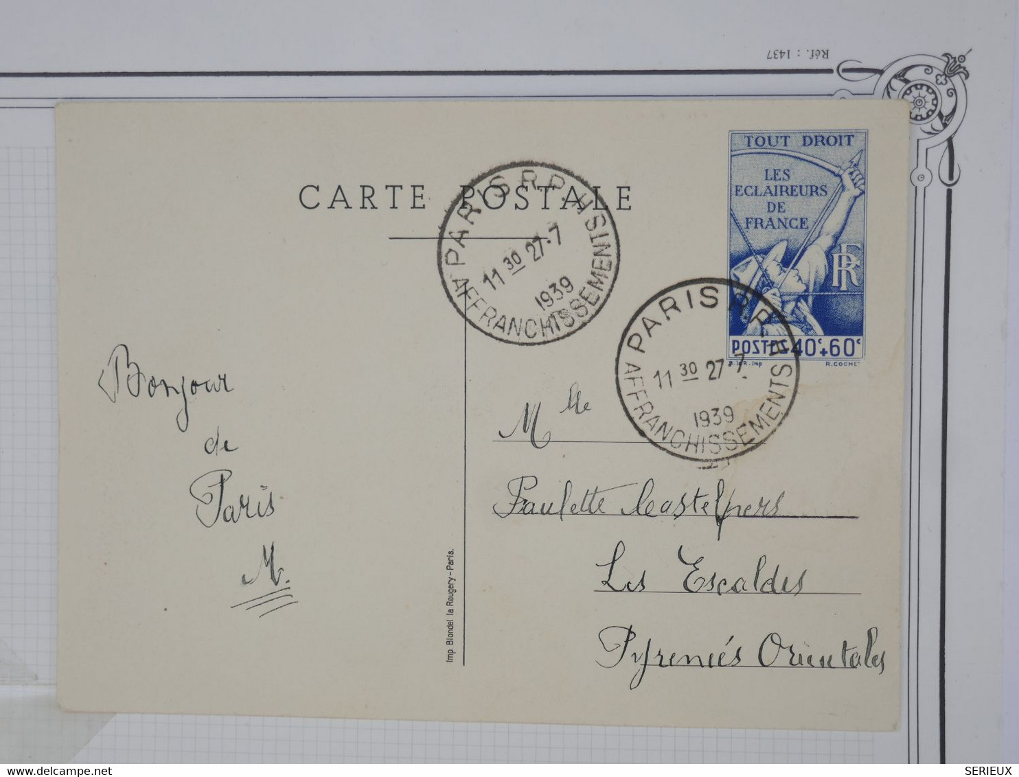 BH2 FRANCE BELLE CARTE ENTIER LES ECLAIREURS DE FRANCE RR 1939 PARIS A LES ESCALDES ++  FFRANCH.PLAISANT +++ - Other & Unclassified