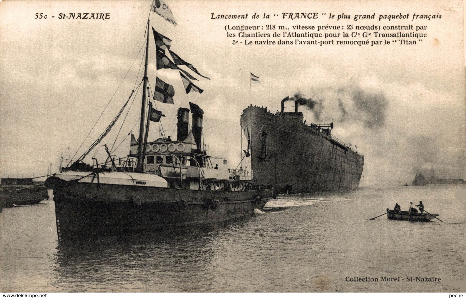 N°98019 -cpa St Nazaire -lancement De La France Tracté Par Le Remorqueur 'Titan" - Tugboats