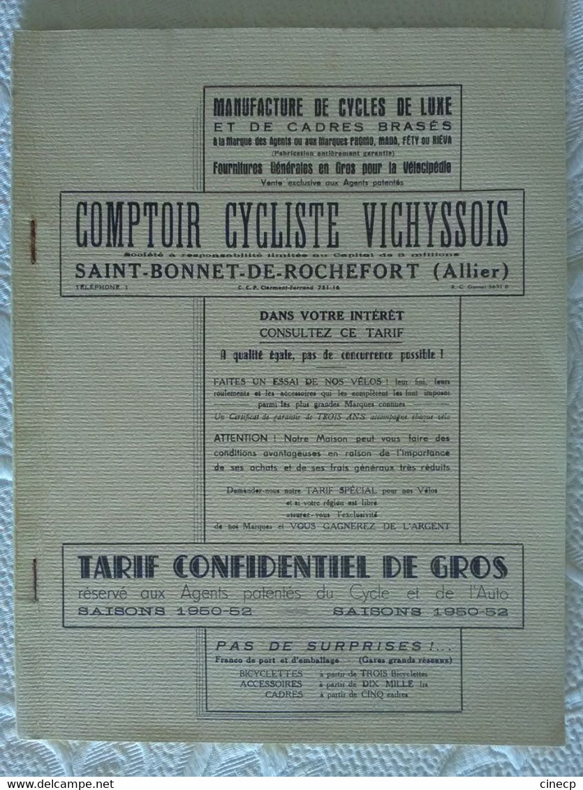 Comptoir Cycliste Vichyssois Prophète Saint Bonnet De Rochefort Allier 1950 Tarif Catalogue Cycle Automobile Vélo 116p - Sport En Toerisme