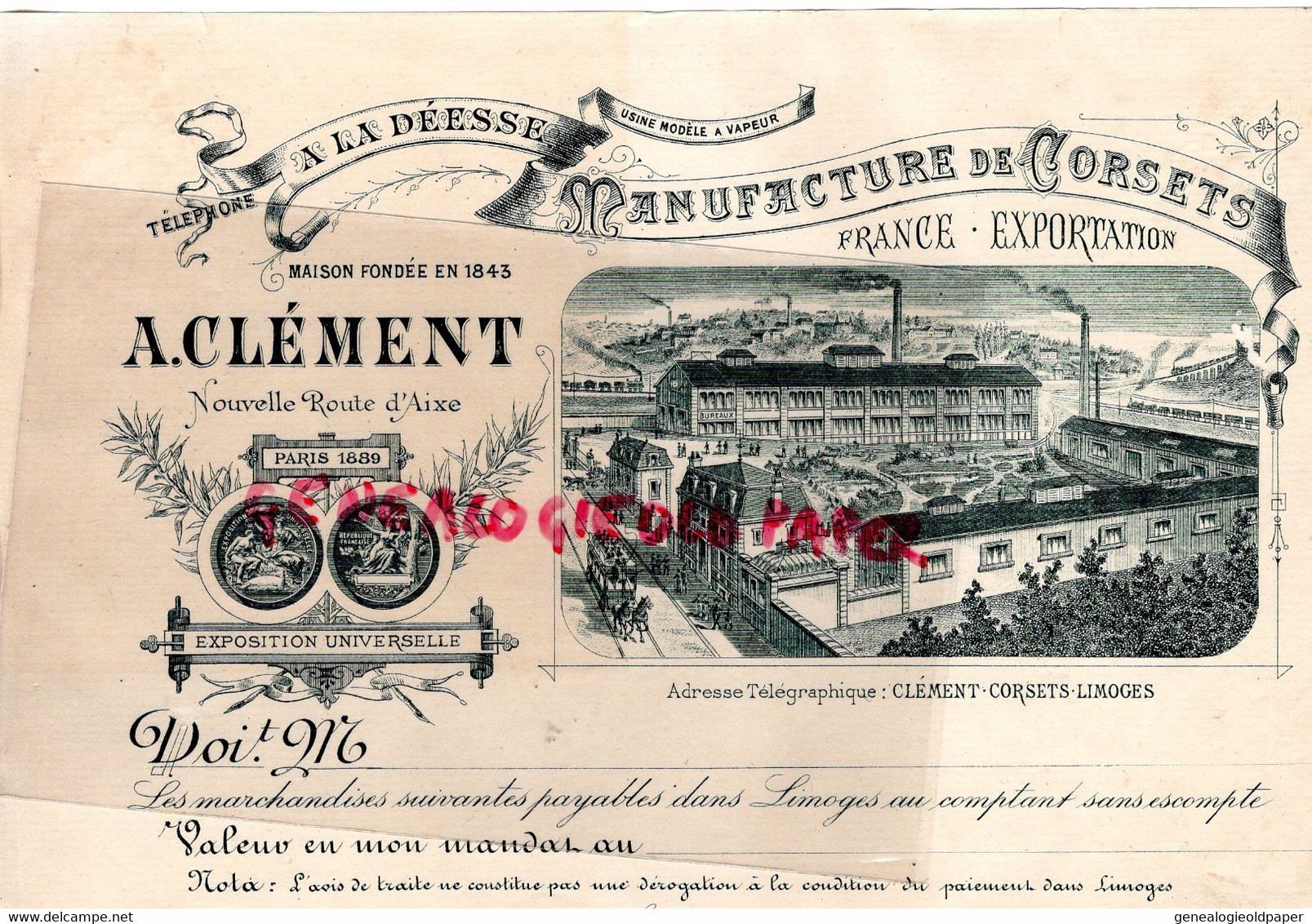 87 - LIMOGES - RARE FACTURE MANUFACTURE LINGERIE -CORSETS " A LA DEESSE " A. CLEMENT NOUVELLE ROUTE D' AIXE - PARIS 1889 - Textile & Clothing