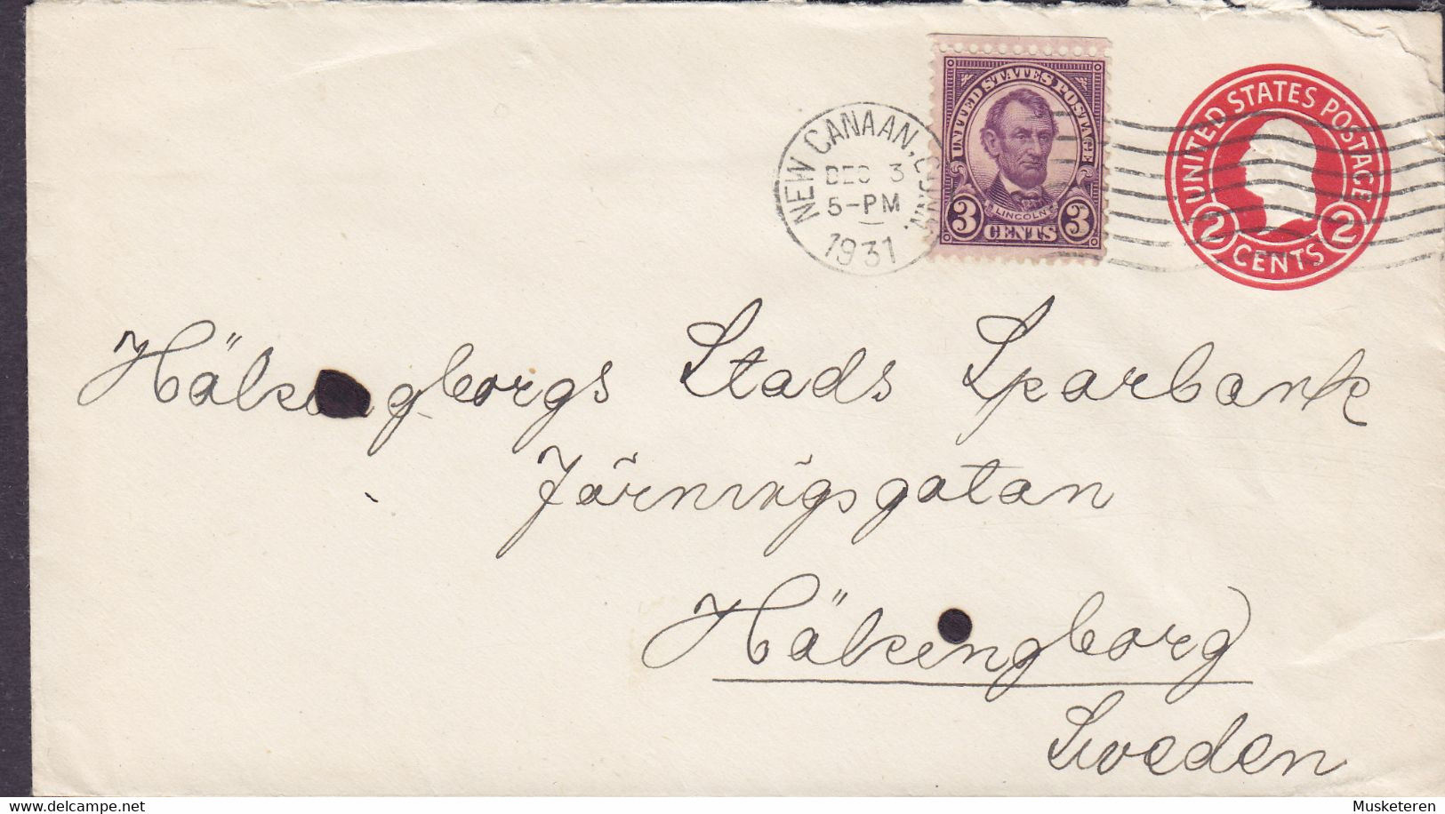 United States Uprated Postal Stationery Ganzsache NEW CANAAN Conn. 1931 HÄLSINGBORG Sweden Lincoln Stamp - 1921-40