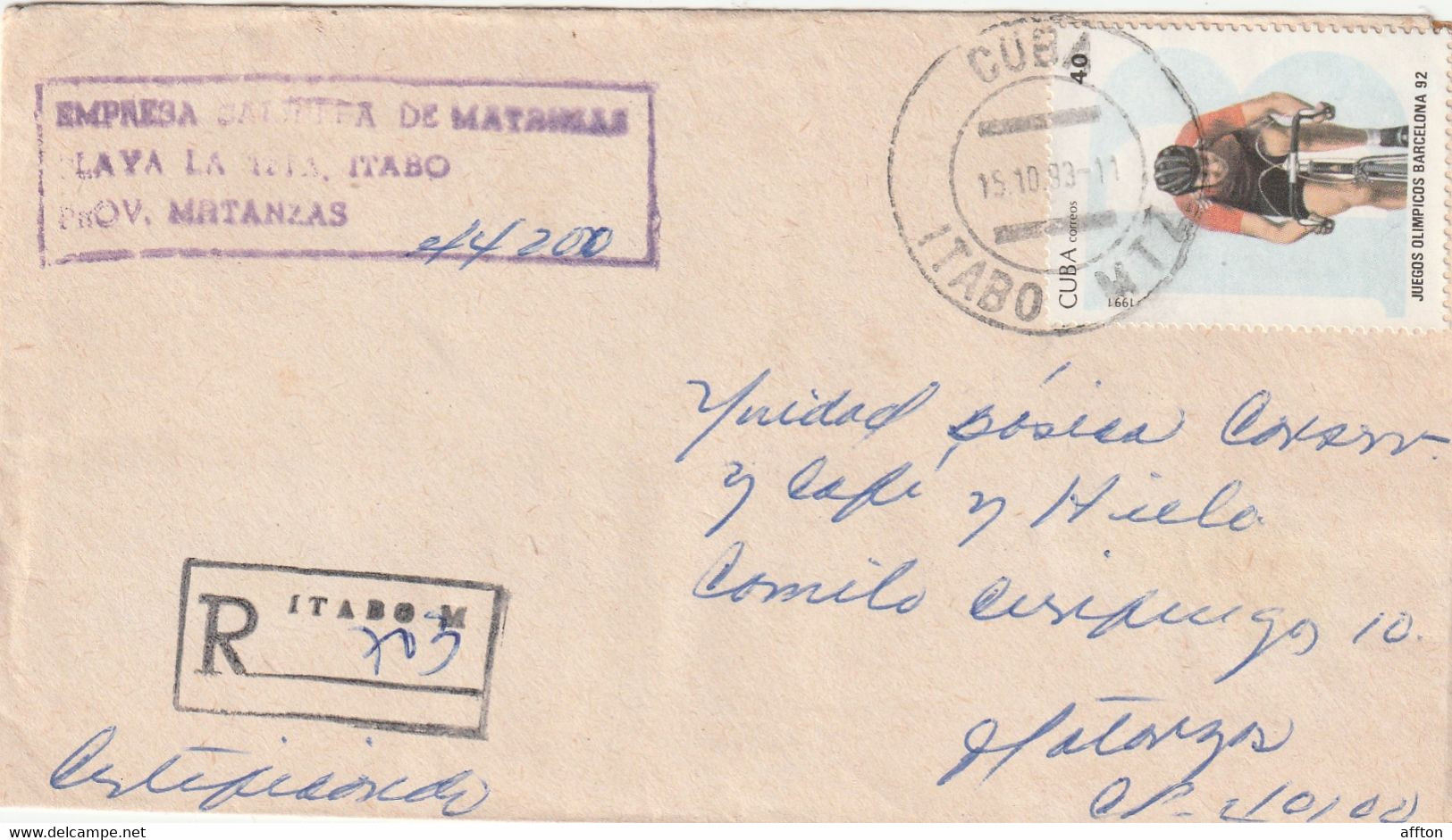 Itabo Cuba 1993 Registered Cover Mailed - Lettres & Documents