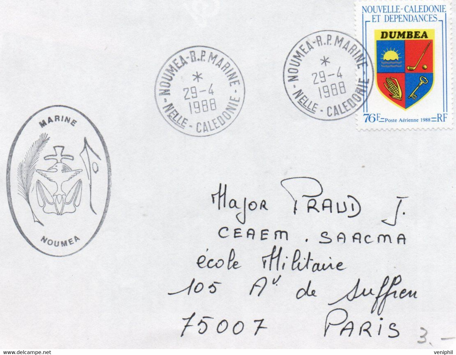 NOUVELLE -CALEDONIE  - AFFRANCHIE POSTE AERIENNE N° 257 -OBLITEREE -CAD NOUMEA R.P. MARINE 1988 - Storia Postale