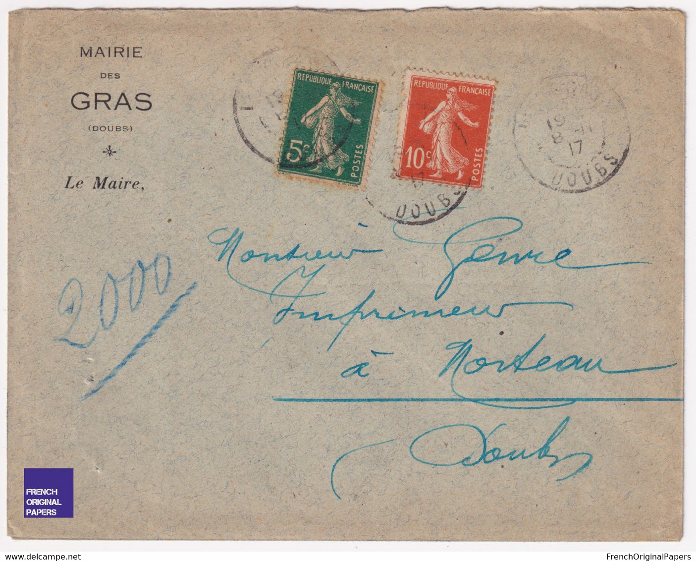 Rare Enveloppe Mairie Des Gras (Les) / Doubs 1915/20 - Publicité Entête Imprimeur Genre Morteau C7-17 - 1900 – 1949