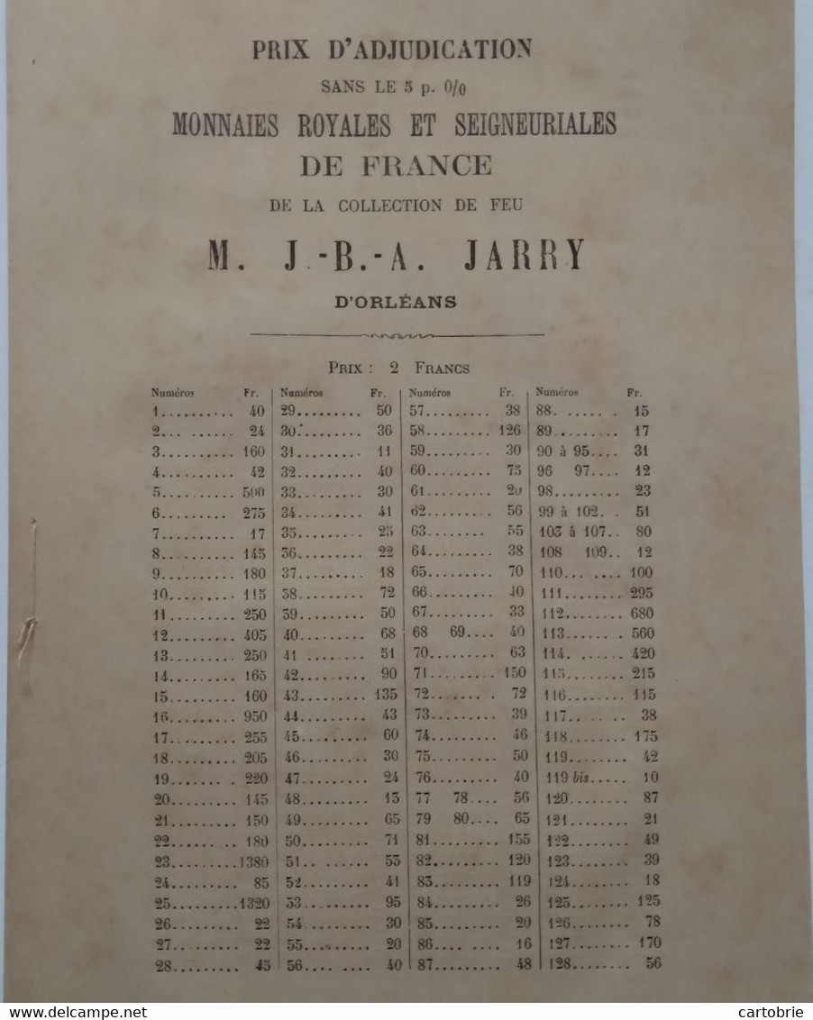 Catalogue vente aux enchères (1878) MONNAIES ROYALES et Seigneuriales de France (Collection M. J.-B.-A. JARRY d'Orléans)