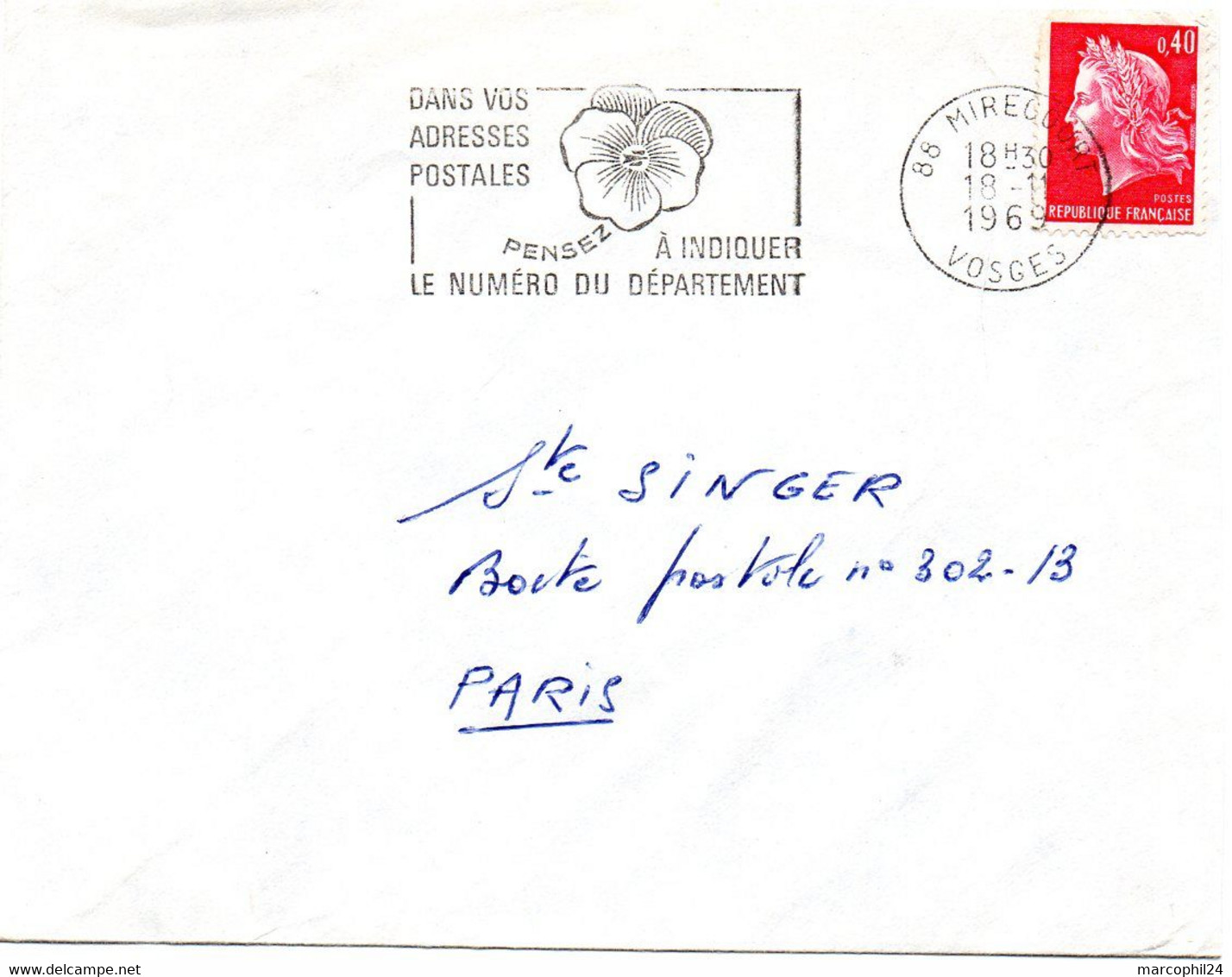 VOSGES - Dépt N° 88 = MIRECOURT 1969 = FLAMME Codée =  SECAP Multiple ' PENSEZ à INDIQUER ' = Pensée N° 2 - Código Postal