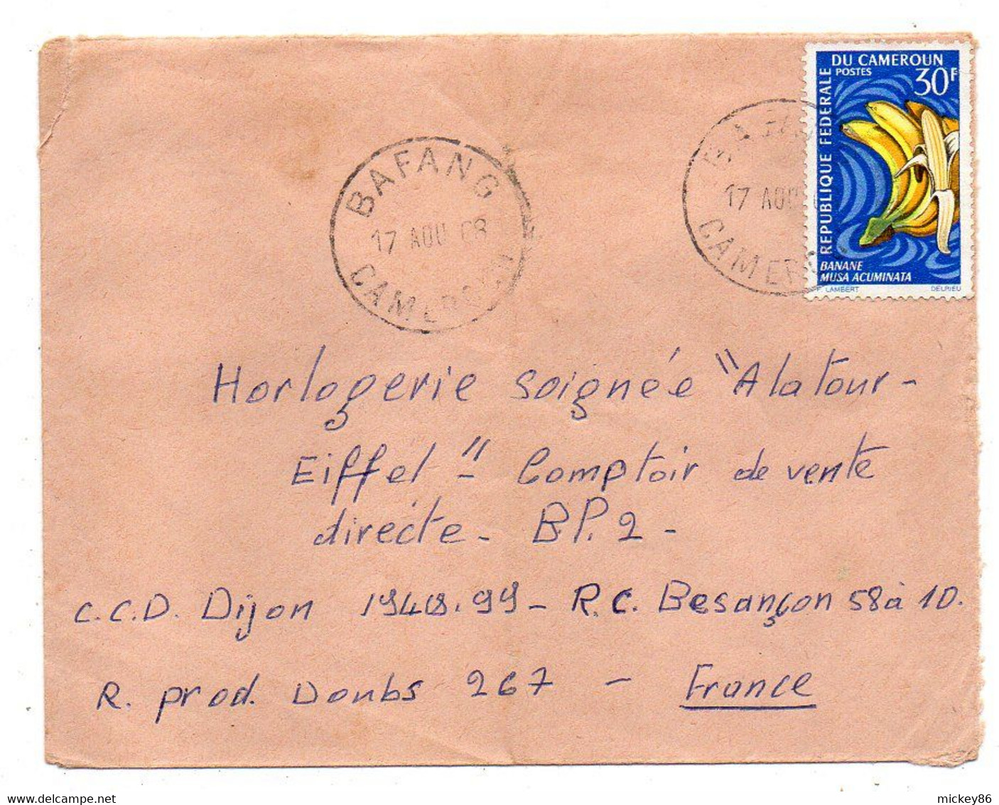 Cameroun-1968-lettre BAFANG  Pour Besançon- 25-  Tp  Bananes    Seul Sur Lettre....cachet - Kamerun (1960-...)