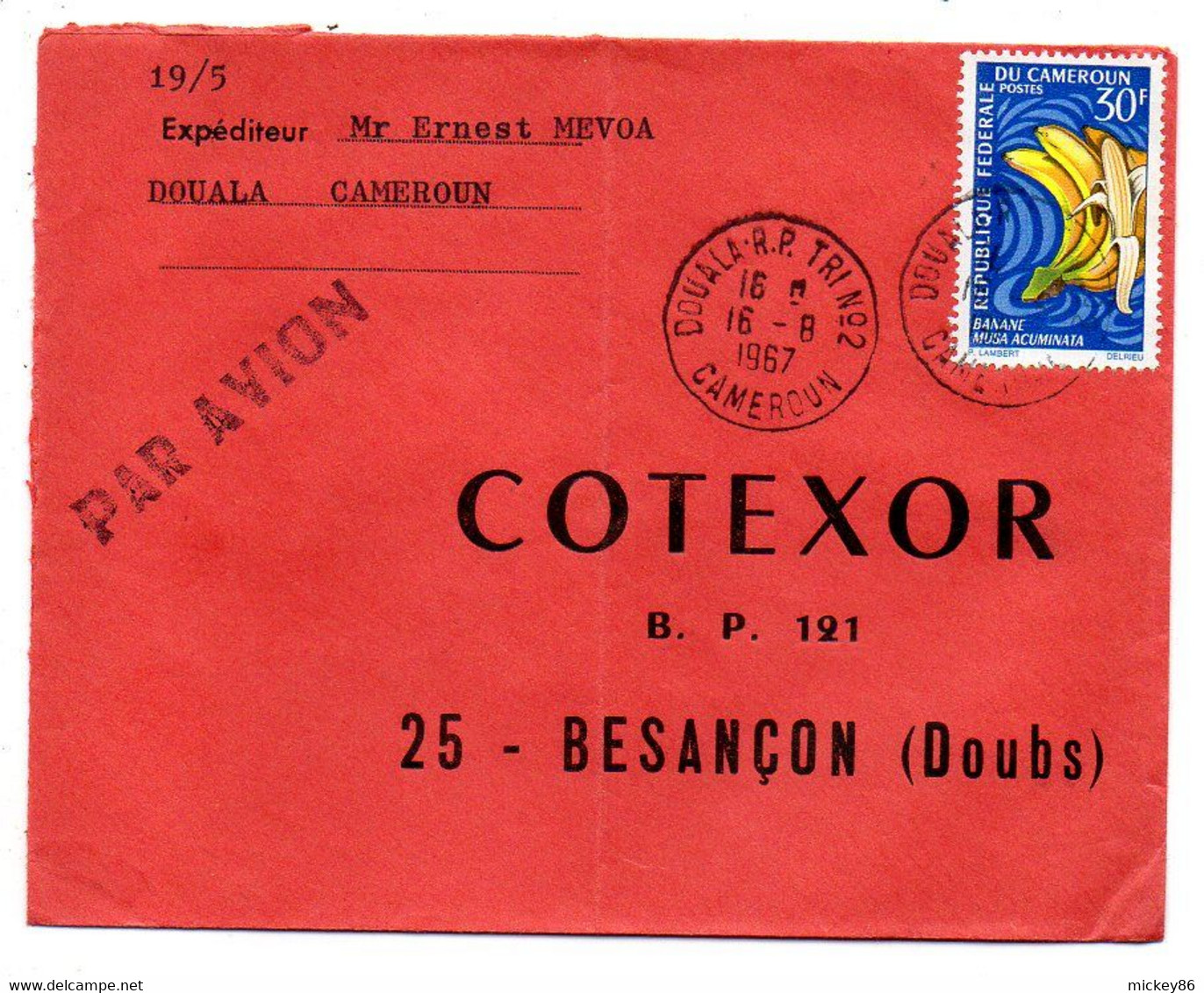 Cameroun-1967 - Lettre  DOUALA  RP  Tri N° 2   Pour Besançon- 25-  Tp  Bananes    Seul Sur Lettre....cachet - Kameroen (1960-...)