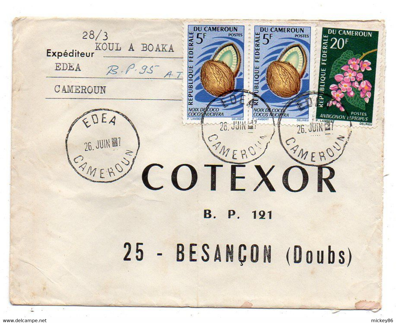 Cameroun-1967 - Lettre EDEA  Pour Besançon- 25-  Tps Fleur , Noix Coco  Sur Lettre....cachet - Kamerun (1960-...)