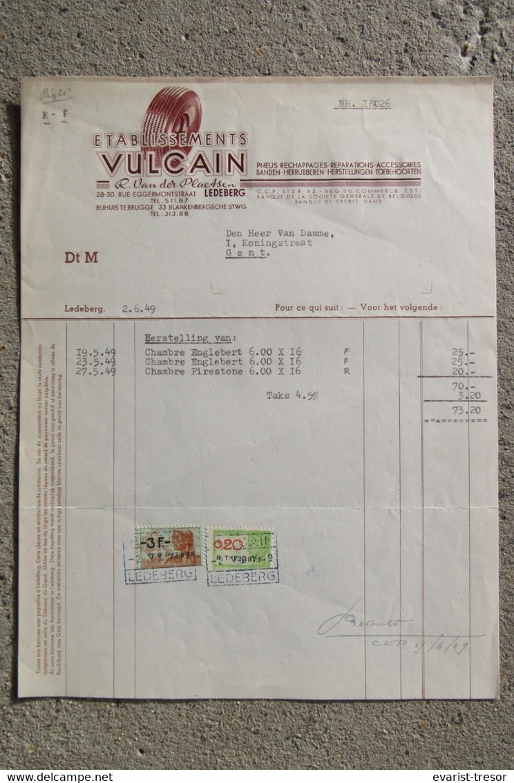 1949 Factuur Invoice Etablissements Vulcain Pneus Banden Garage Van Der Plaetsen Ledeberg Gent Gand - 1950 - ...