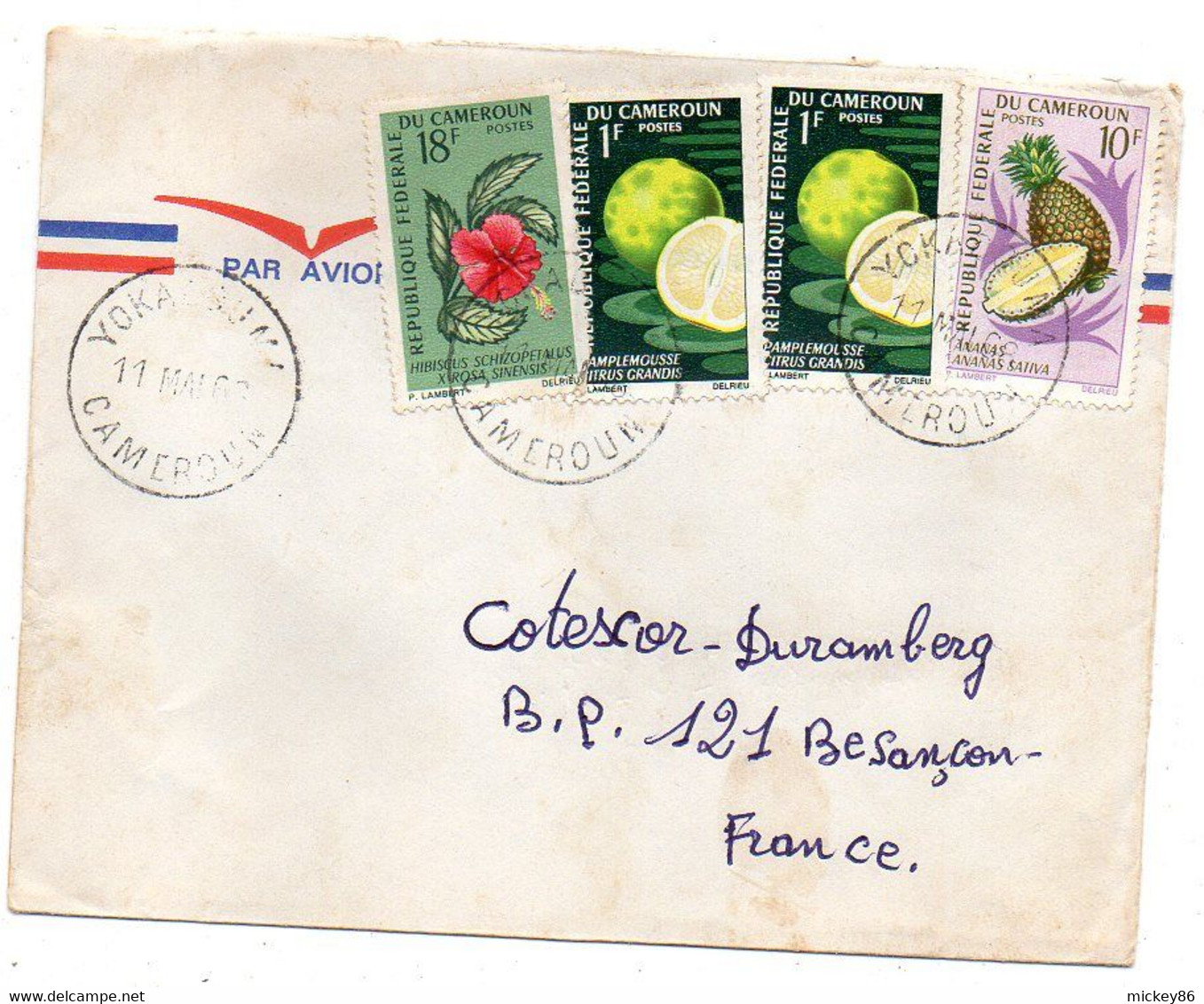 Cameroun-1968 - Lettre  YOKADOUMA    Pour Besançon- 25-  Tps  Fleur, Ananas,pamplemousse    Sur Lettre....cachet - Kameroen (1960-...)