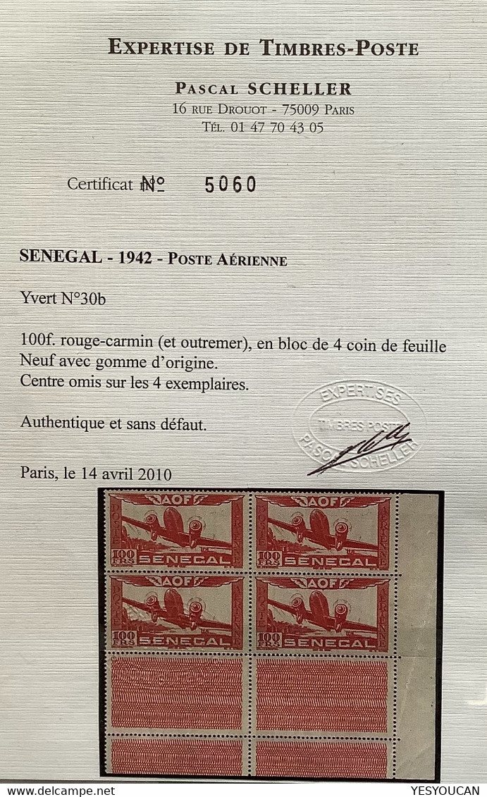 Sénégal 1942 PA 30b MNH ** RRR ! Poste Aérienne 100 F VARIÉTÉ SANS LE BLEU, Tirage 25 ! Certificat Scheller (cert AOF - Airmail