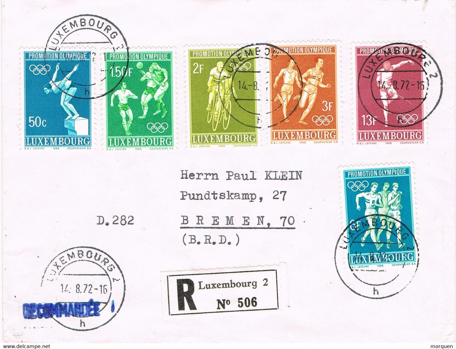 47332. Carta Certificada LUXEMBOURG 1972 To Bremen. Shet Promocion Olimpica - Brieven En Documenten