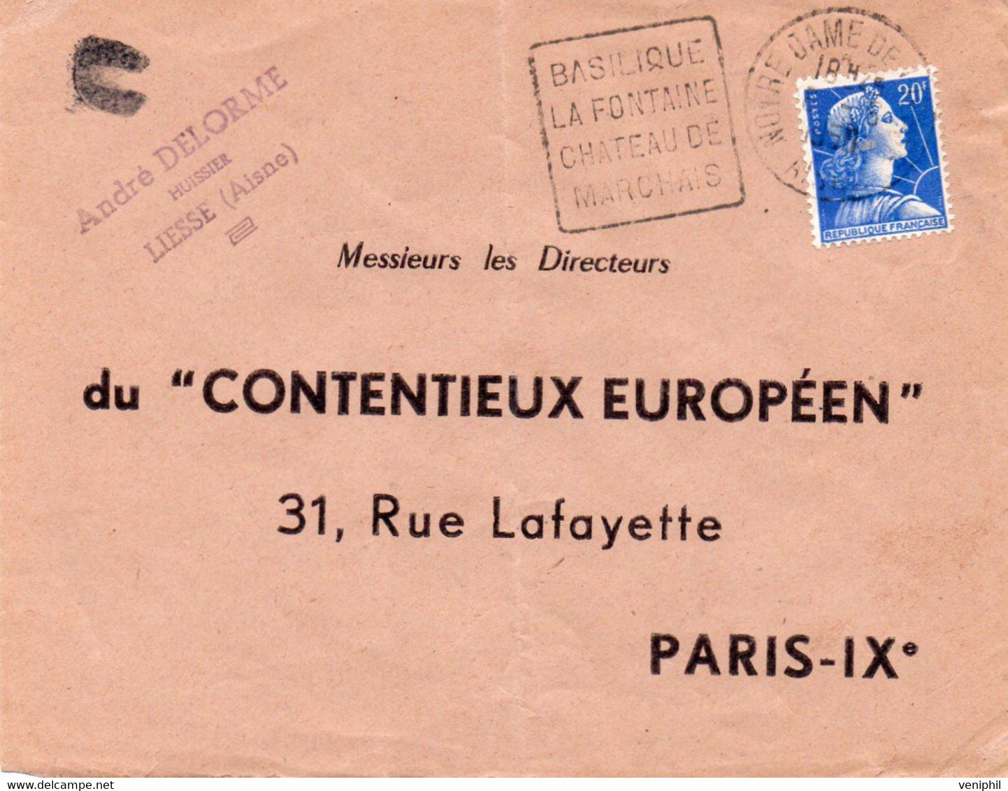 LLETTRE AFFRANCHIE N° 1011 B -OBLITERATION DAGUIN -- BASILIQUE LA FONTAINE- CHATEAU DE MARCHAIS-AISNE - Mechanical Postmarks (Other)