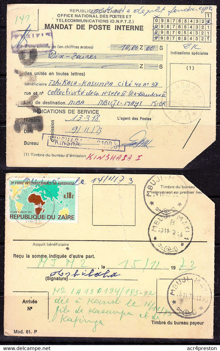 Ca0469 ZAIRE 1973, FOIRE Internationale Kinshas Stamp On Kinshasa 1 Mandat To Mbuji Mayi (Has A Tear) - Covers & Documents