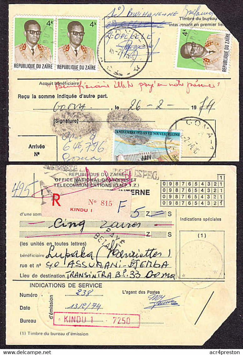 Ca5083 ZAIRE 1974,  Mobutu And Inga Dam Stamps On Kindu Mandat To Goma - Cartas & Documentos