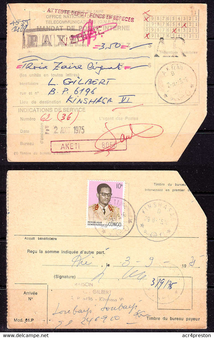 Cb0029 ZAIRE 1975, Mobutu Stamp On Aketi Mandat To Kinshasa - Brieven En Documenten