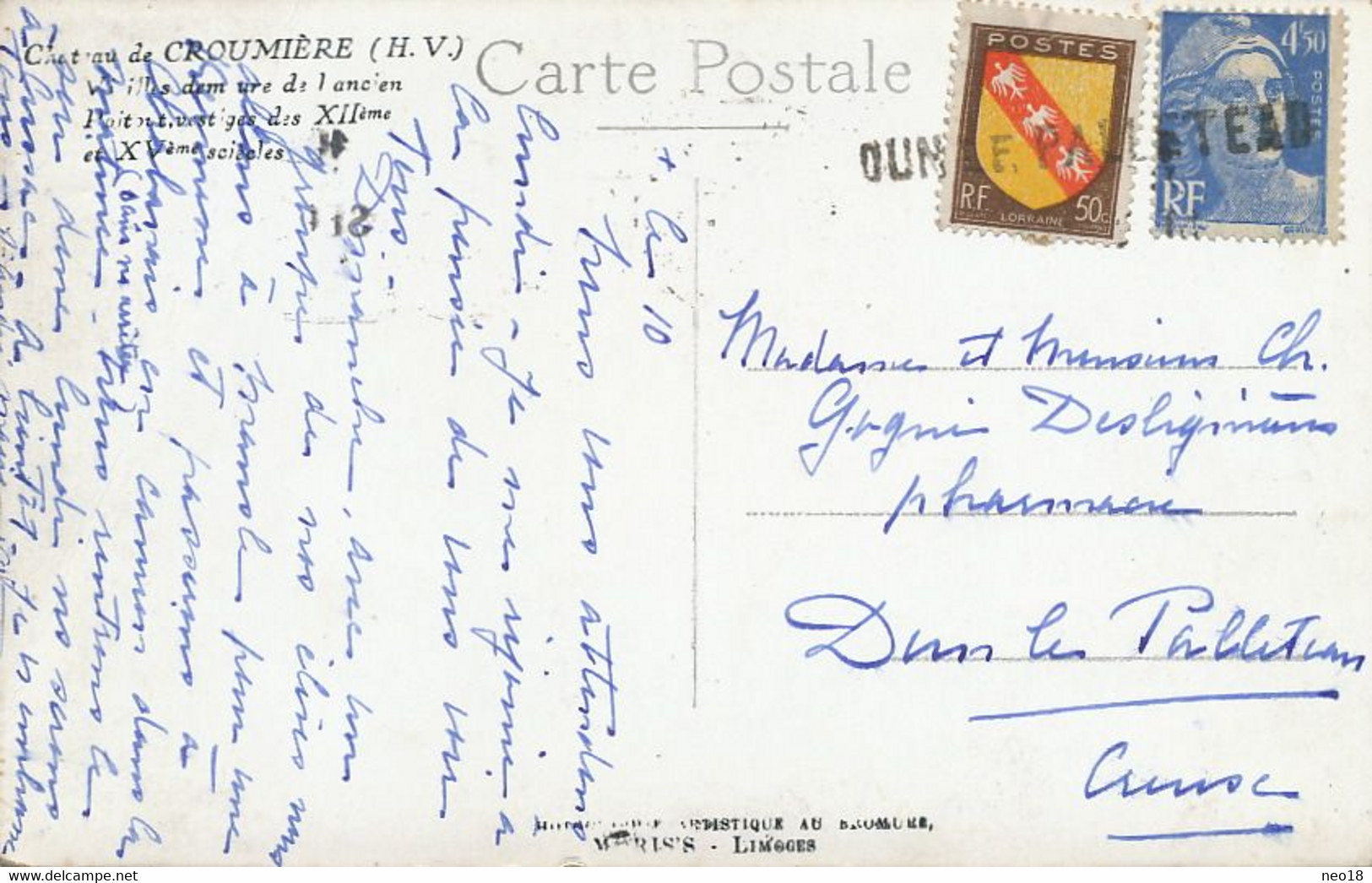 Griffe Postale De Dun Le Palleteau Sur Blason Lorraine Et Mariane Gandon Chateau Croumiere - Dun Le Palestel