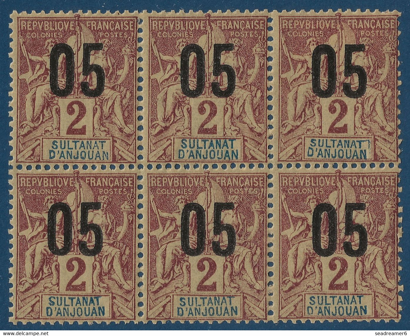 France Colonies Type Groupe Anjouan Bloc De 6 N°20**/* Surcharge Au Verso Partielle !! Fraicheur Postale & TTB - Unused Stamps