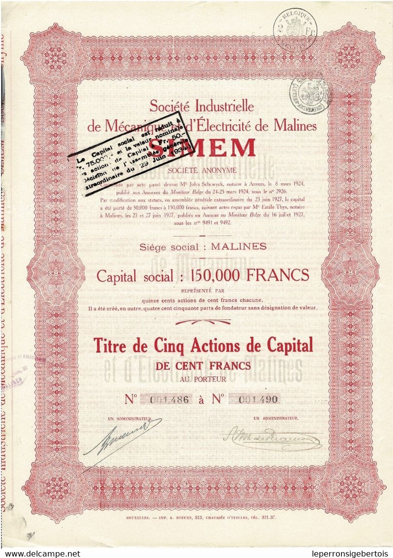 Titre De 1927 - Société Industrielle De Mécanique Et D'Electricité De Malines - SIMEM - - Electricité & Gaz