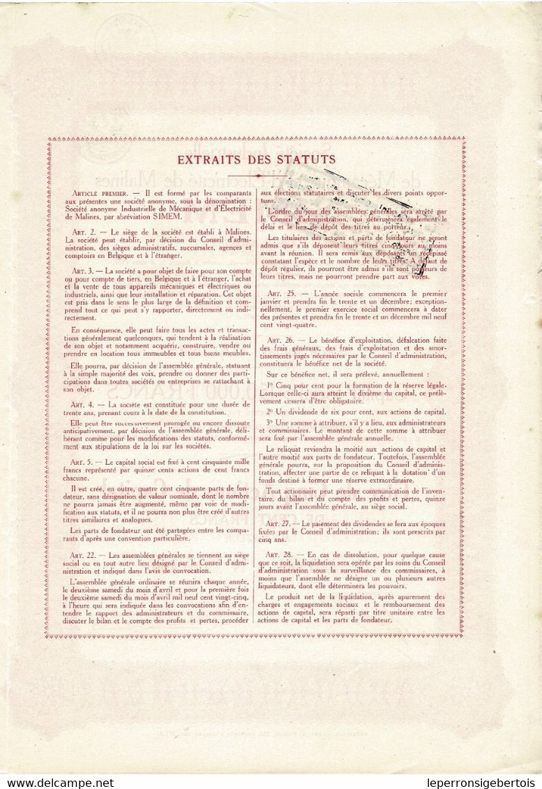 Titre De 1927 - Société Industrielle De Mécanique Et D'Electricité De Malines - SIMEM - - Electricité & Gaz