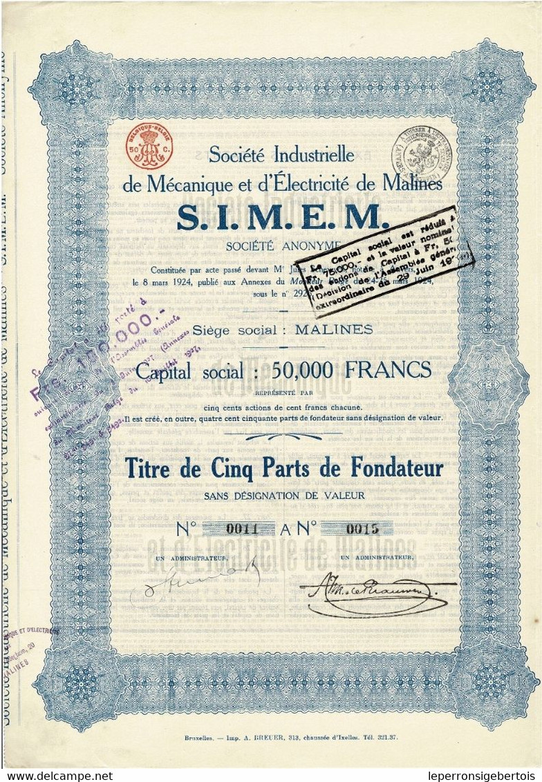 Titre De 1924 - Société Industrielle De Mécanique Et D'Electricité De Malines - SIMEM - - Electricité & Gaz