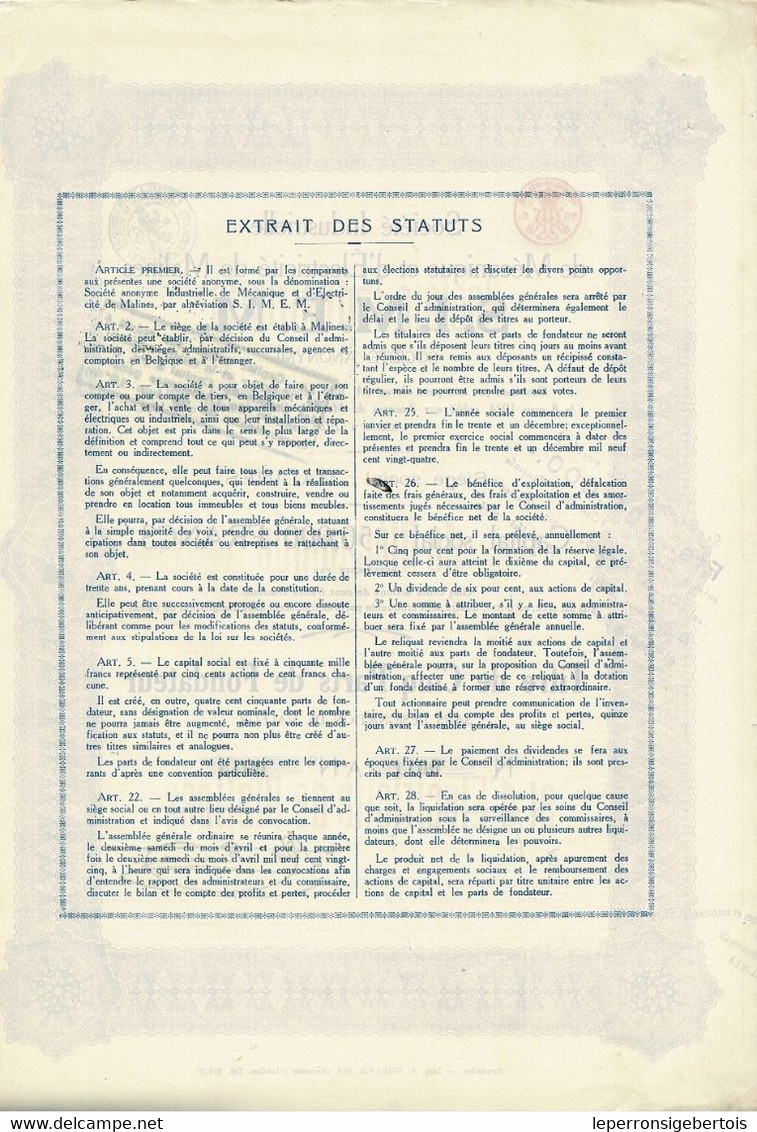 Titre De 1924 - Société Industrielle De Mécanique Et D'Electricité De Malines - SIMEM - - Elektrizität & Gas