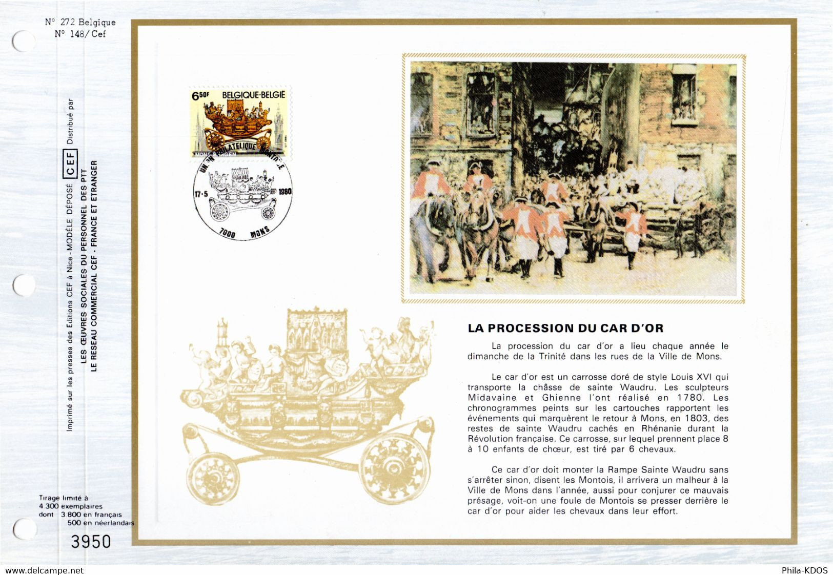 3800 Ex. " PROCESSION DU CAR D'OR " Sur Feuillet CEF 1er Jour Sur Soie De Belgique De 1980 N° YT 2100. Parfait état. FDC - Non Classificati