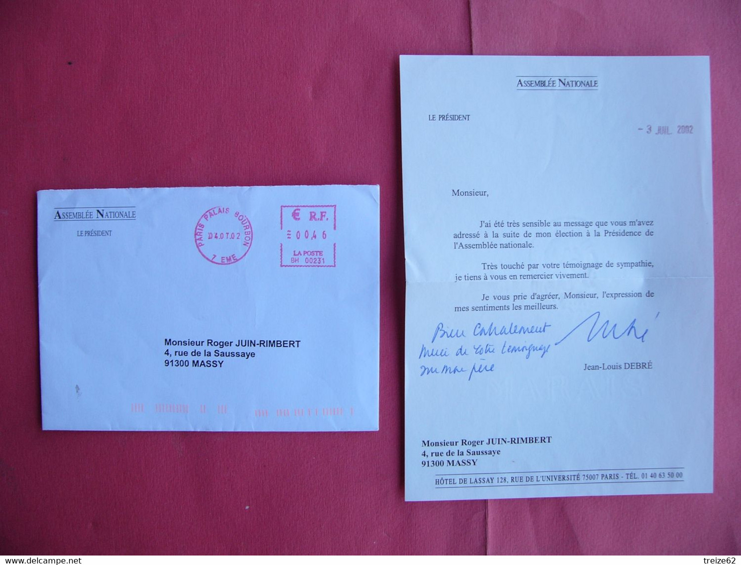 2002 Lettre De Remerciement De Jean Louis DEBRE Avec Signature Président De L'Assemblée Nationale Hôtel De Lassay - Autres & Non Classés