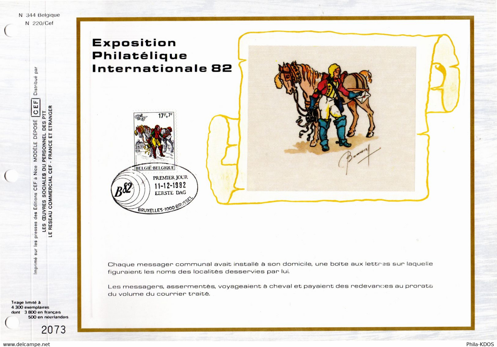 3800 Ex. " BELGICA'82 " Sur Feuillet CEF 1er Jour Sur Soie De Belgique De 1982 N° YT 2074. FDC - Unclassified