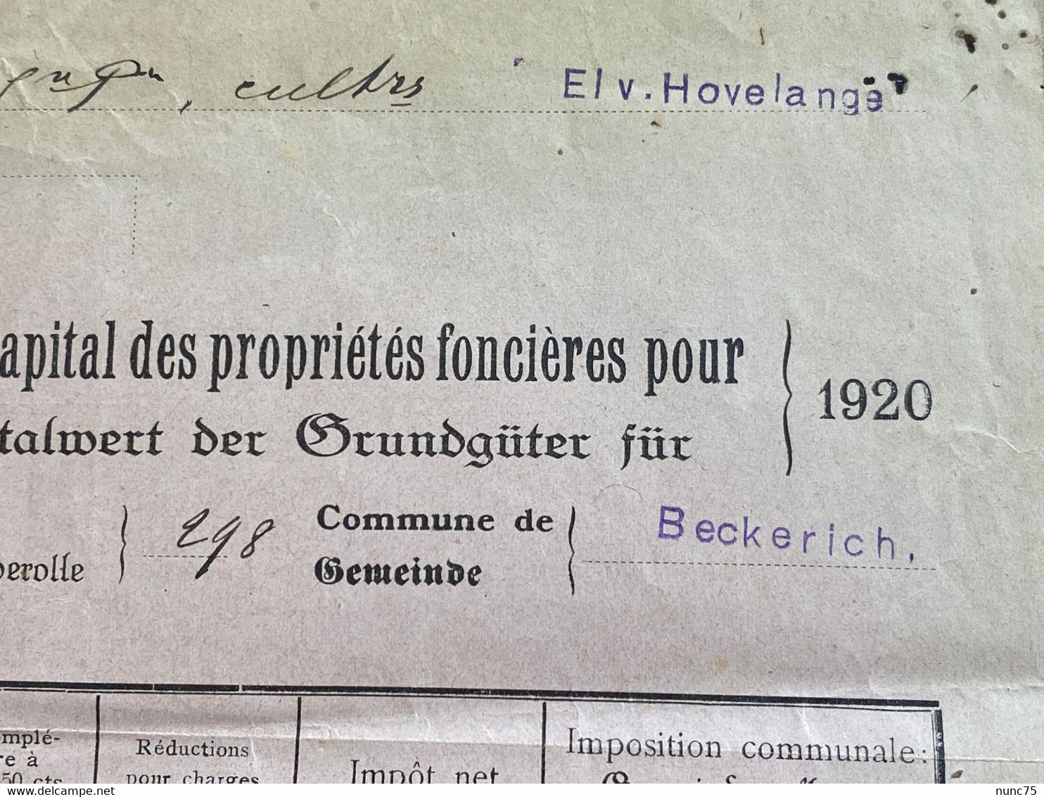 ••• NEW  •••  Document Ancien REDANGE Impôt Foncier 1920  Luxembourg - Luxemburg