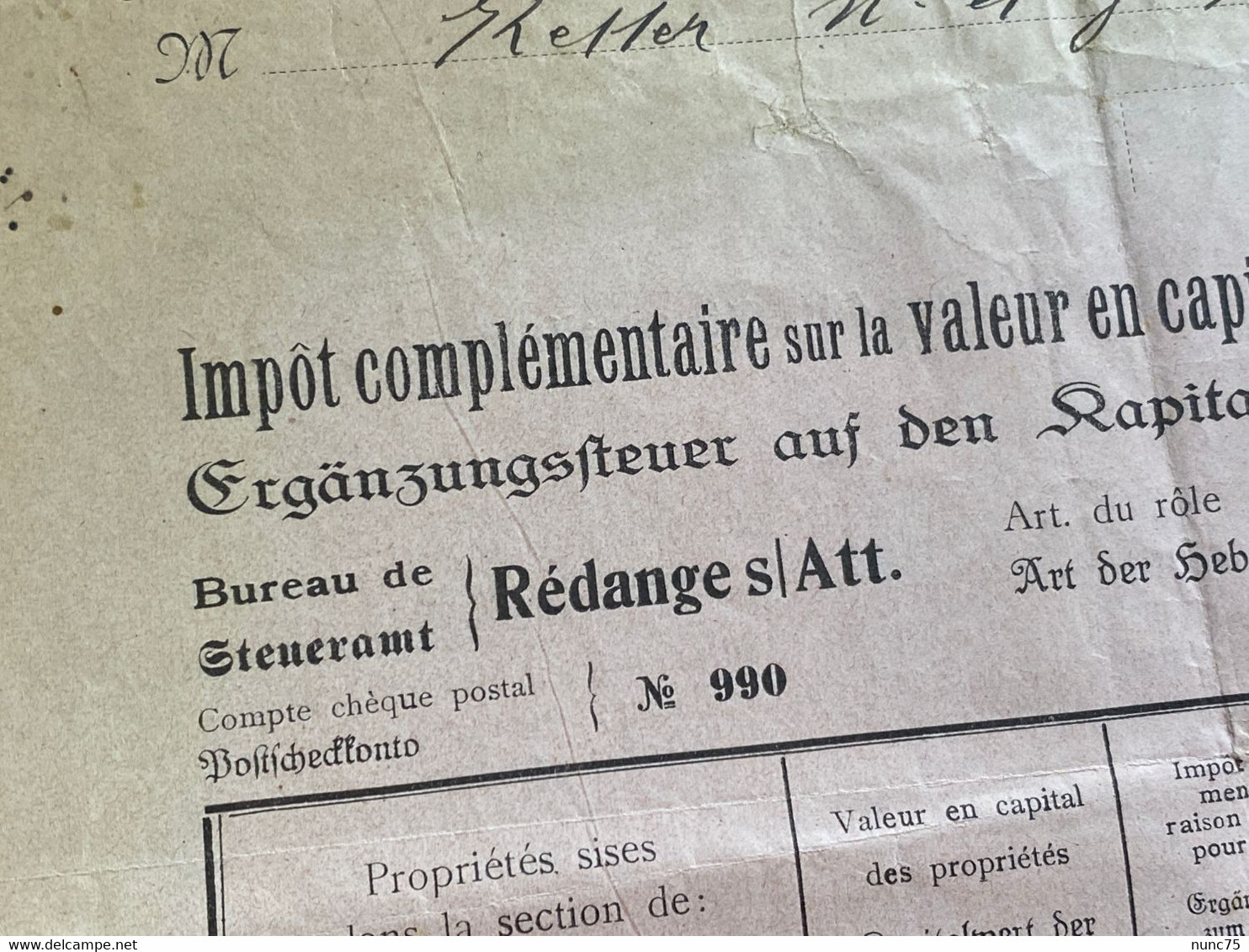 ••• NEW  •••  Document Ancien REDANGE Impôt Foncier 1920  Luxembourg - Luxembourg