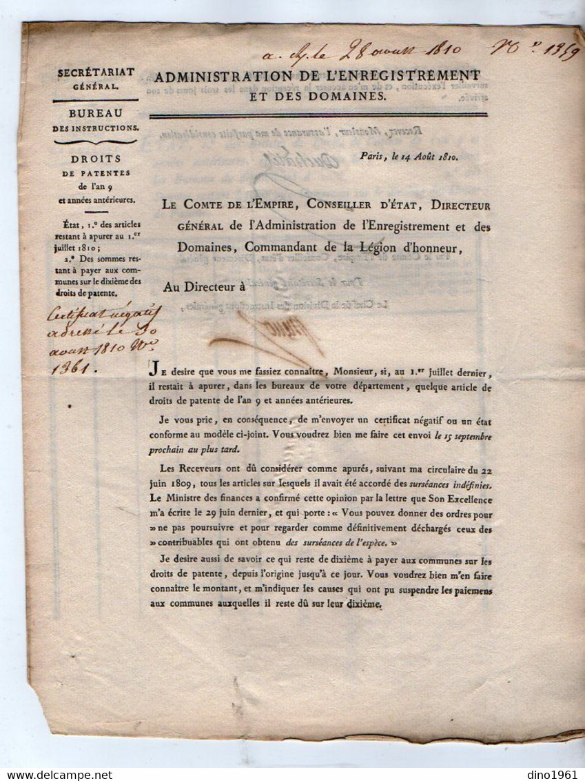 VP20.825 - Napoléon 1er - PARIS X AMIENS 1810  - Lettre De L'Admistration De L'Enregistrement / Droits De Patentes An 9 - Décrets & Lois