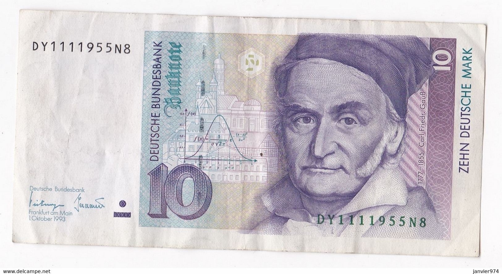 10 Mark 1993 Carl-Friedrich Gauss , Ayant Circulé. TTB - 10 Deutsche Mark