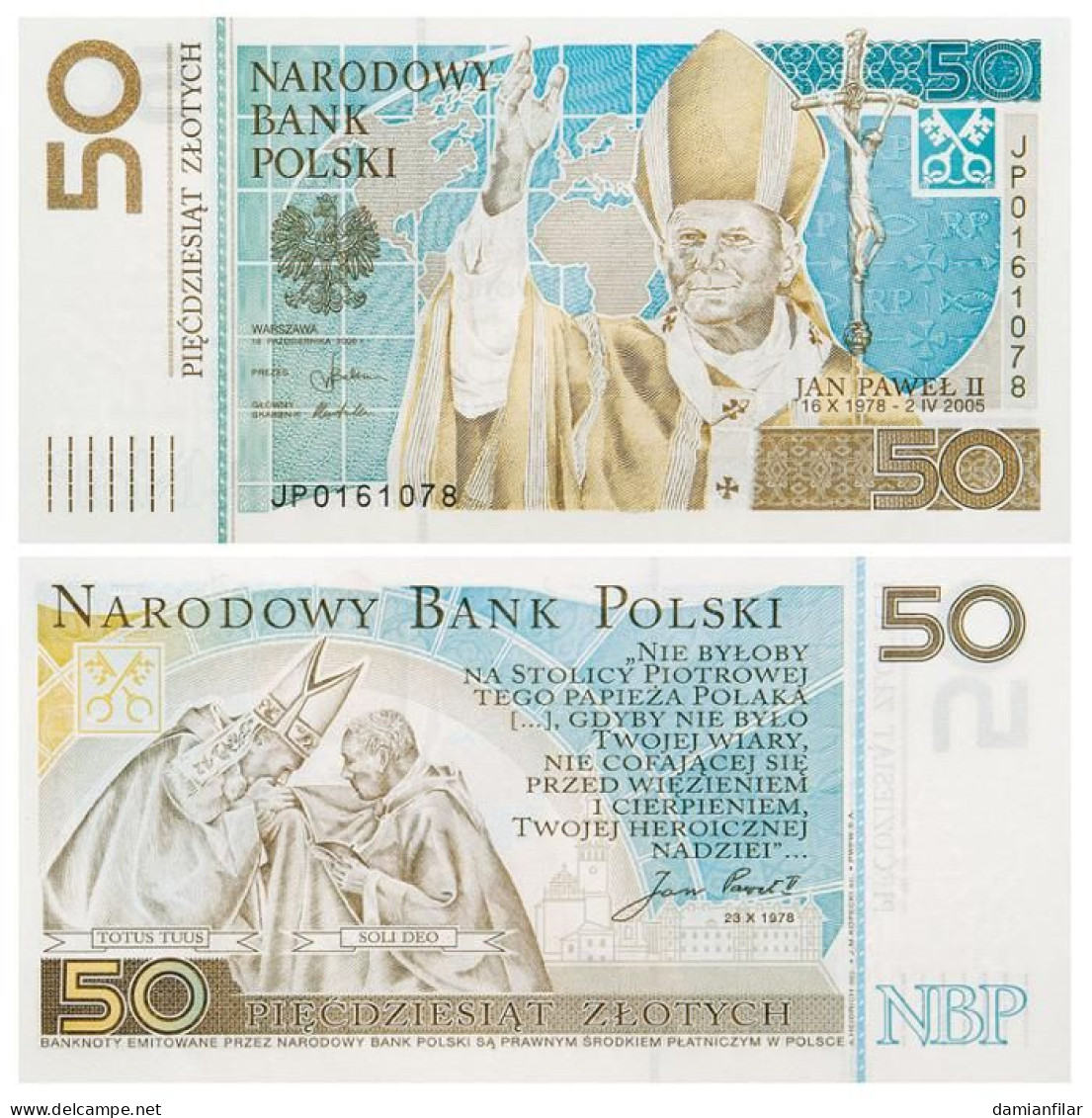 Polish Collectors Banknote Nr1 (2006r) 50PLN John Paul II - Pologne