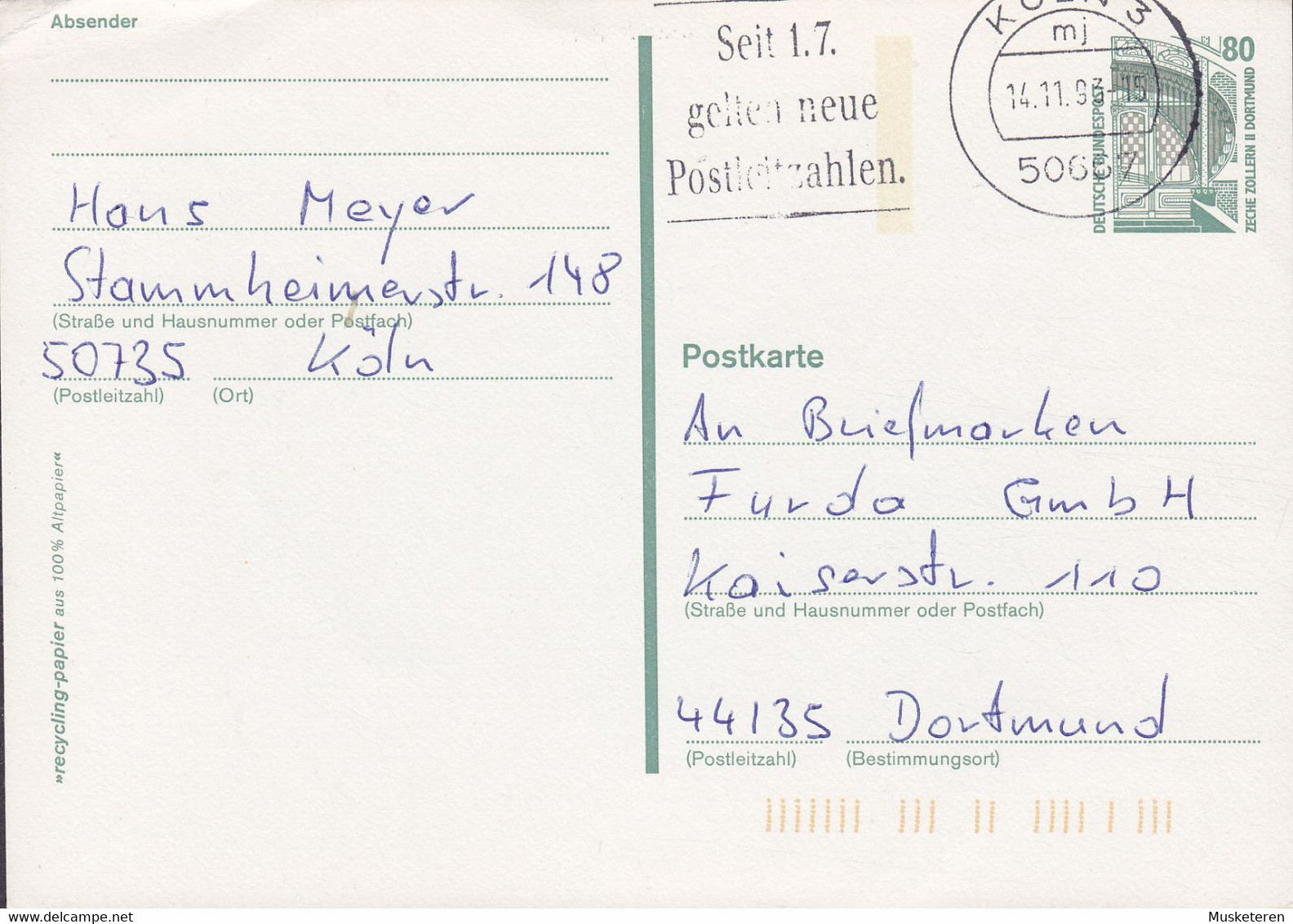 Bundespost Postal Stationery Ganzsache Entier 80 Pf. Zeche Zollern II Dortmund KÖLN 1993 DORTMUND (2 Scans) - Postkarten - Gebraucht