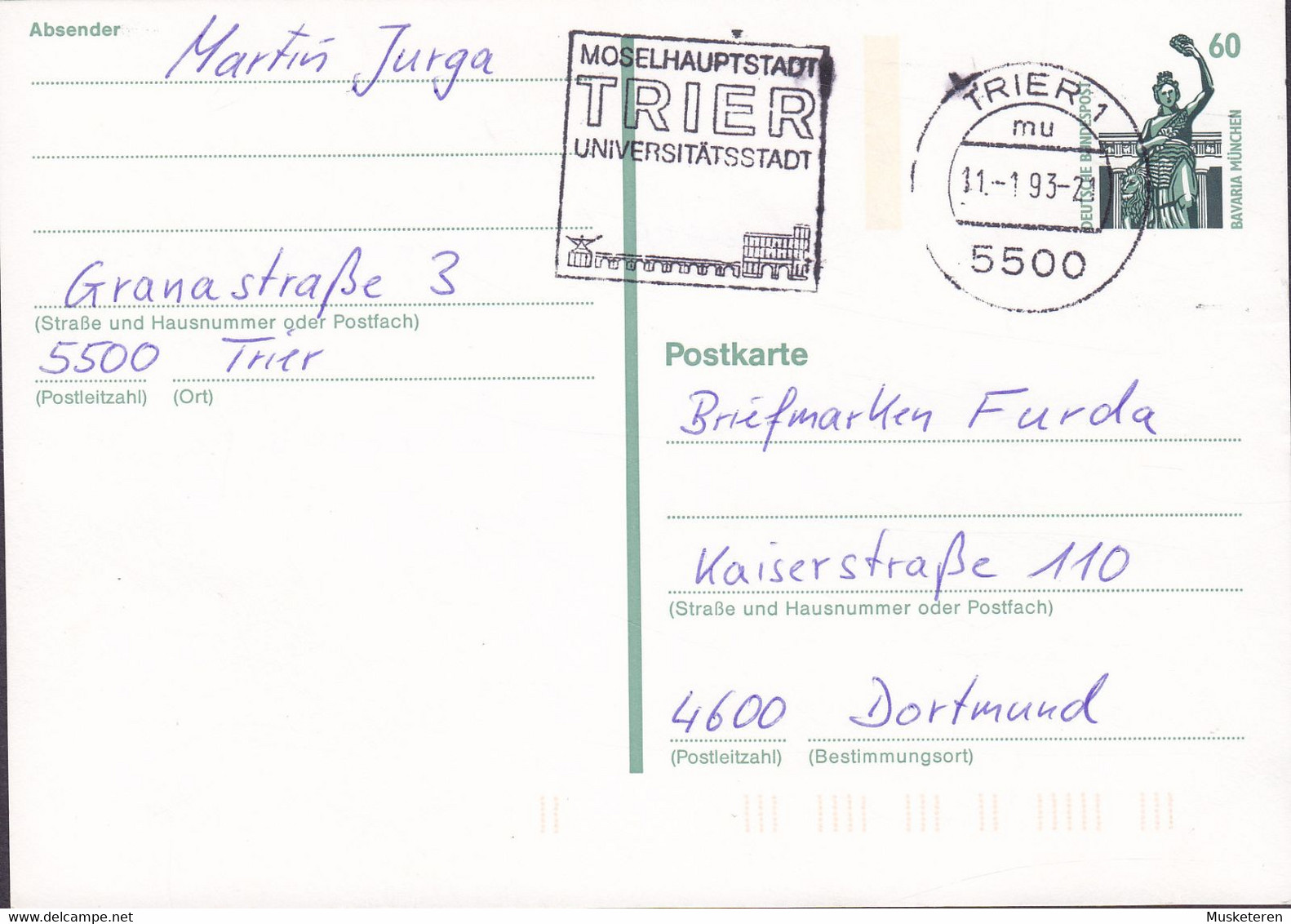 Bundespost Postal Stationery Ganzsache 60 Pf. Bavaria München Slogan 'Moselhauptstadt Universität' TRIER 1993 DORMUND - Postkarten - Gebraucht