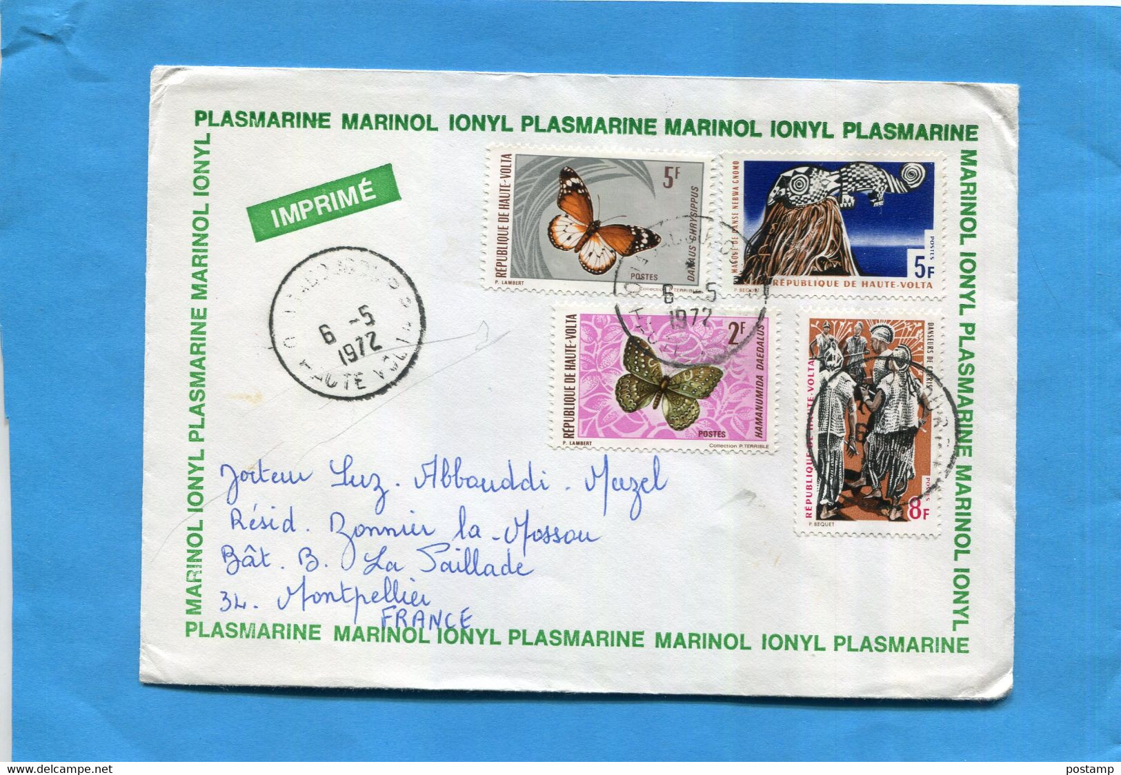 Marcophiie-haute Volta-lettre    Publicitaire""plasmarine Marinol...- Cad  1972--4 Stamps N°242-5 Butterfly+212-3 Danses - Haute-Volta (1958-1984)