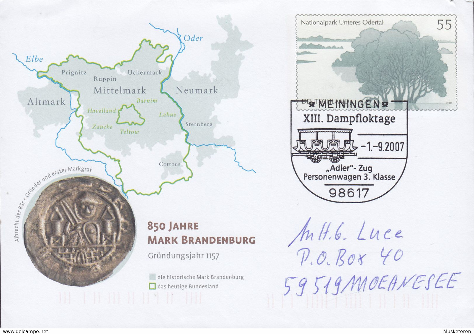 Deutschland Postal Stationery Ganzsache 850 Jahre Mark Brandenburg Nationalpark Unteres Odertal MEINIGEN 2007 MOEHNSEE - Privatumschläge - Gebraucht