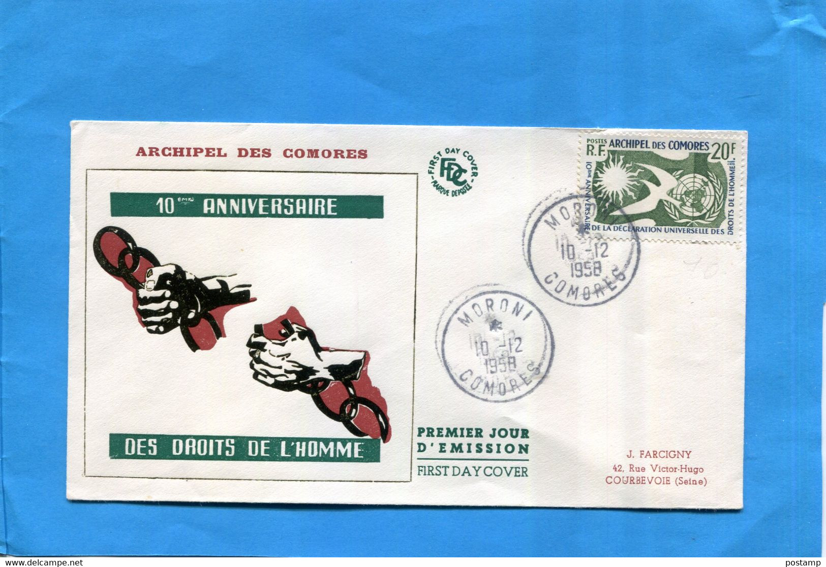 Marcophiie Comores-Enveloppe  IllustréeFDC 10 Dec1958 Droits De L'homme - Briefe U. Dokumente