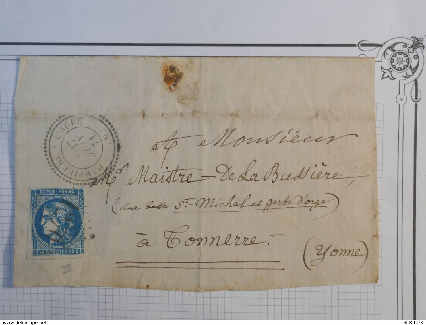 BH3 FRANCE BELLE  LETTRE DEVANT  JUIN 1871 DAMPIERRE  A TONNERRE YONNE + EMISSION DE BORDEAUX++ CACHET PERLé - 1870 Bordeaux Printing