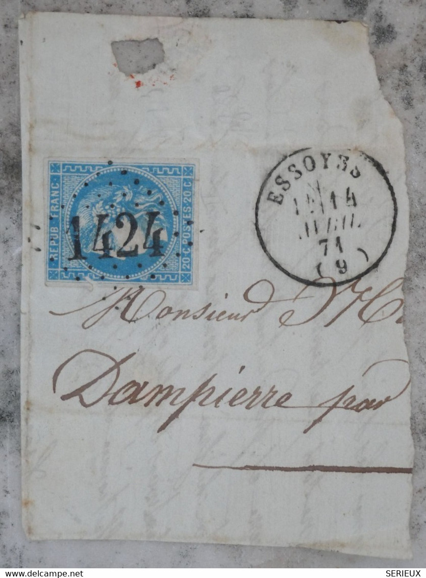 BH3 FRANCE SUR FRAGMENT 14  AVRIL 1871 A DAMPIERRE  + EMISSION DE BORDEAUX++ CACHET PERLé - 1870 Emission De Bordeaux