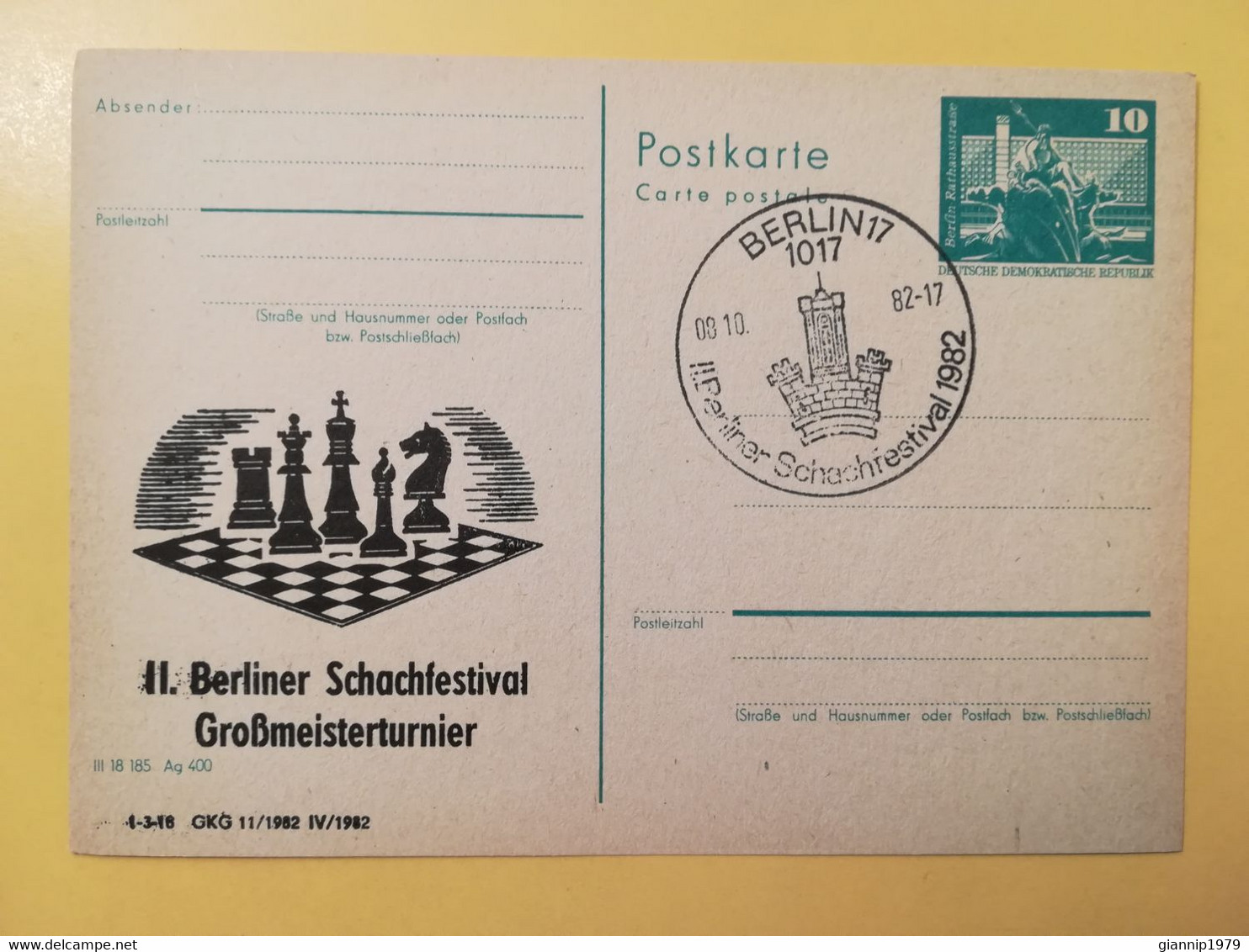 1982 INTERO CARTOLINA POSTALE POSTCARDS FDC GERMANIA DEUTSCHE DDR SCHACHFESTIVAL OBLITERE' BERLIN 17 - Cartes Postales - Neuves