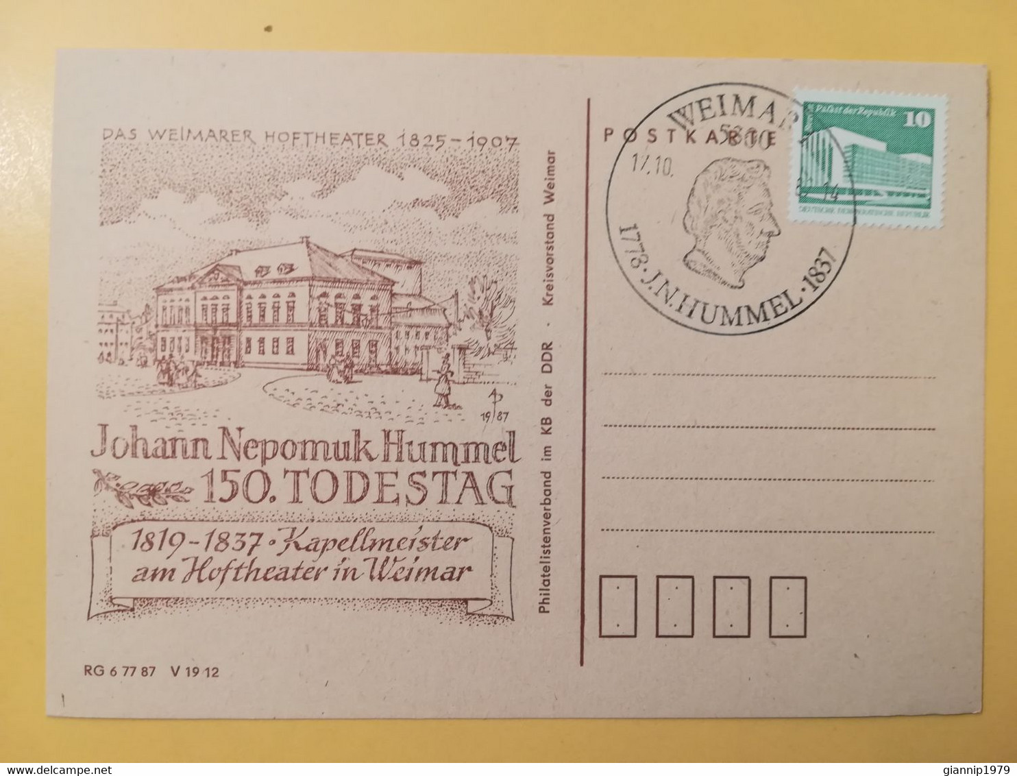 1987 INTERO CARTOLINA POSTALE POSTCARDS FDC GERMANIA DEUTSCHE DDR TODESTAG JOHANN NEPOMUK HUMMEL OBLITERE' WEIMAR - Cartes Postales - Neuves