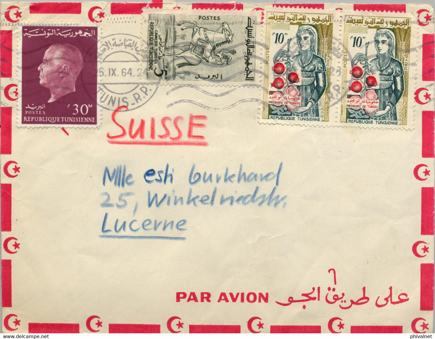 1964 TÚNEZ - SOBRE CIRCULADO , CORREO AÉREO A LUZERNA - Tunisie (1956-...)