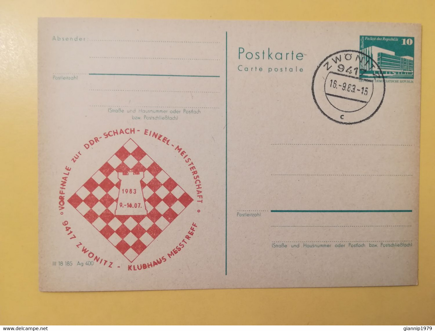 1983 INTERO CARTOLINA POSTALE POSTCARDS FDC GERMANIA DEUTSCHE DDR SCHACH  OBLITERE' ZWONITZ - Cartes Postales - Neuves