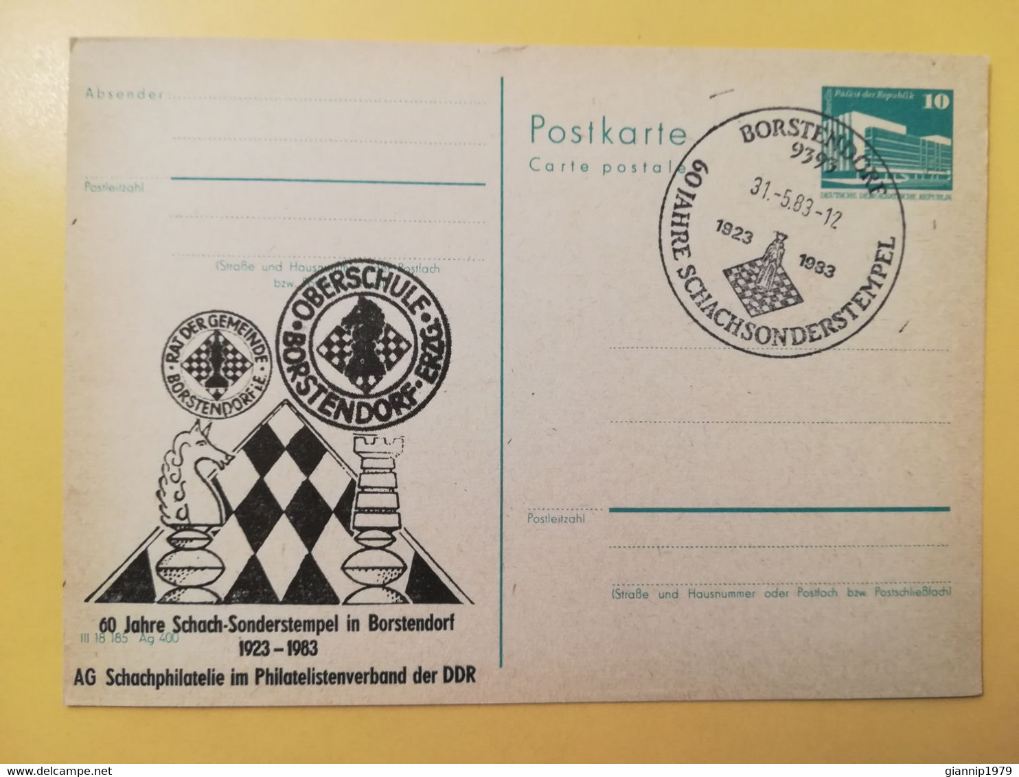 1983 INTERO CARTOLINA POSTALE POSTCARDS FDC GERMANIA DEUTSCHE DDR SCHACH OBLITERE' BORSTENDORF - Cartes Postales - Neuves