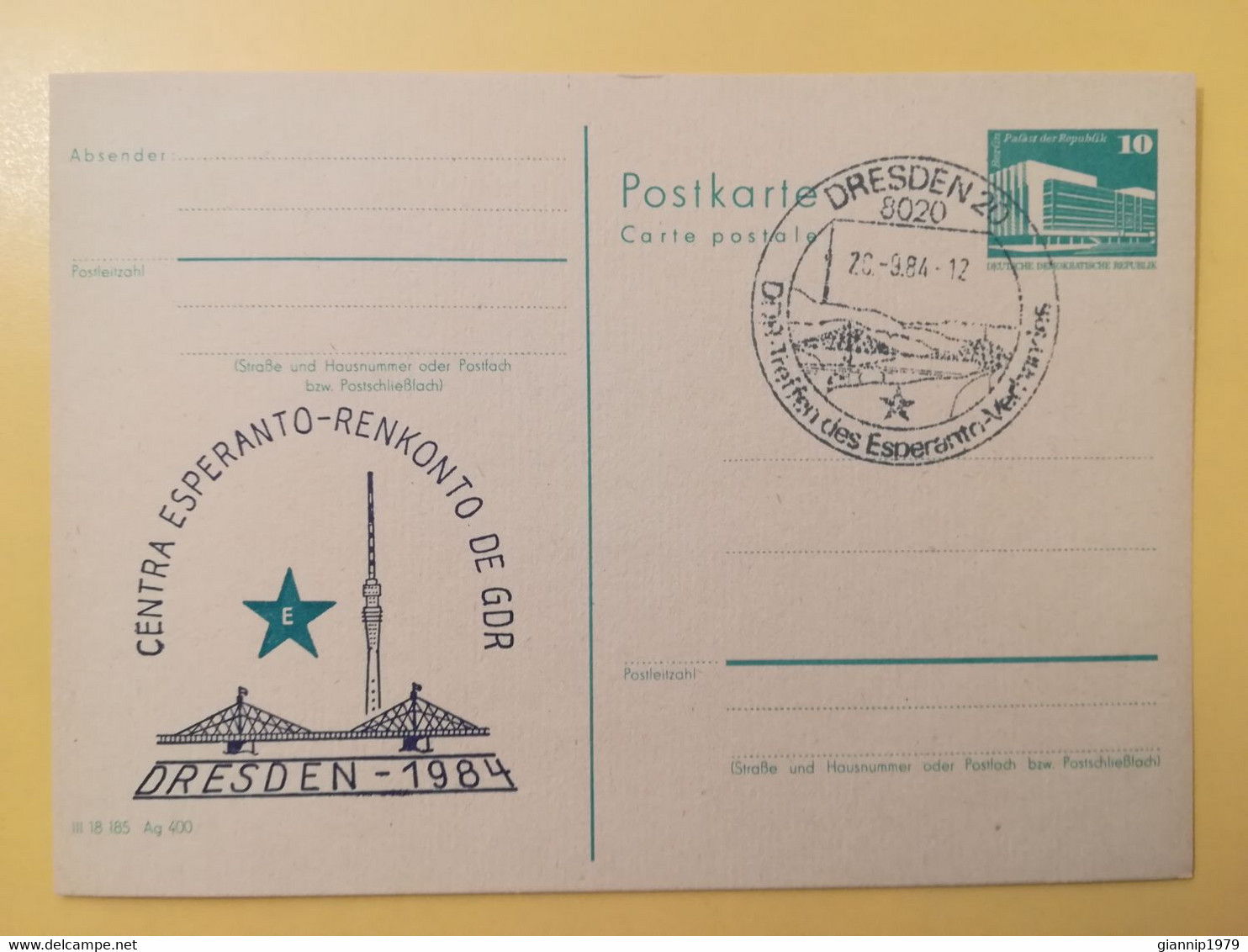 1984 INTERO CARTOLINA POSTALE POSTCARDS FDC GERMANIA DEUTSCHE DDR CENTRA ESPERANTO RENKONTO OBLITERE' DRESDEN 20 - Postales - Nuevos