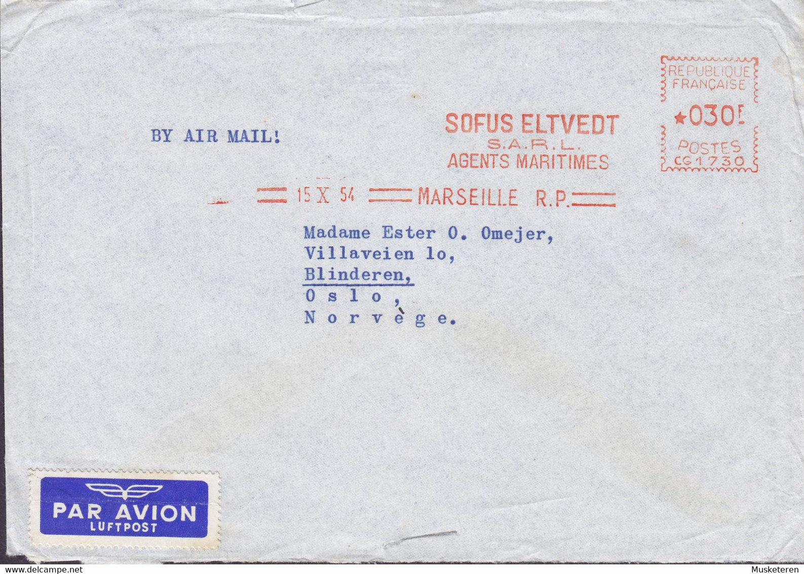Ships Mail M/S 'FERNFIORD' PAR AVION Label SOFUS ELTVEDT Agents Maritimes, MARSEILLE 1954 Meter Cover Lettre OSLO Norway - Lettres & Documents